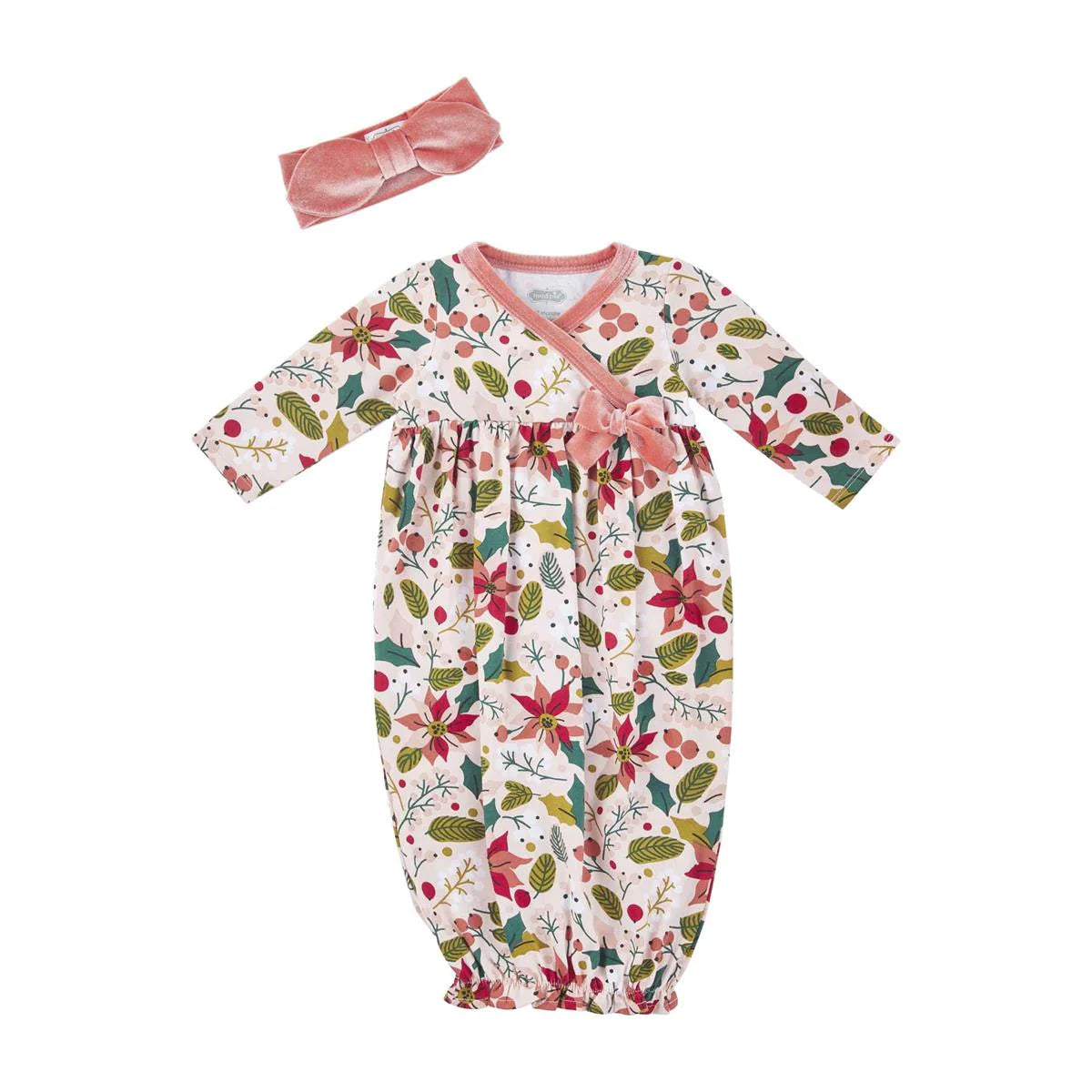 Mud Pie Pink Poinsettia Floral Sleeper Gown Set