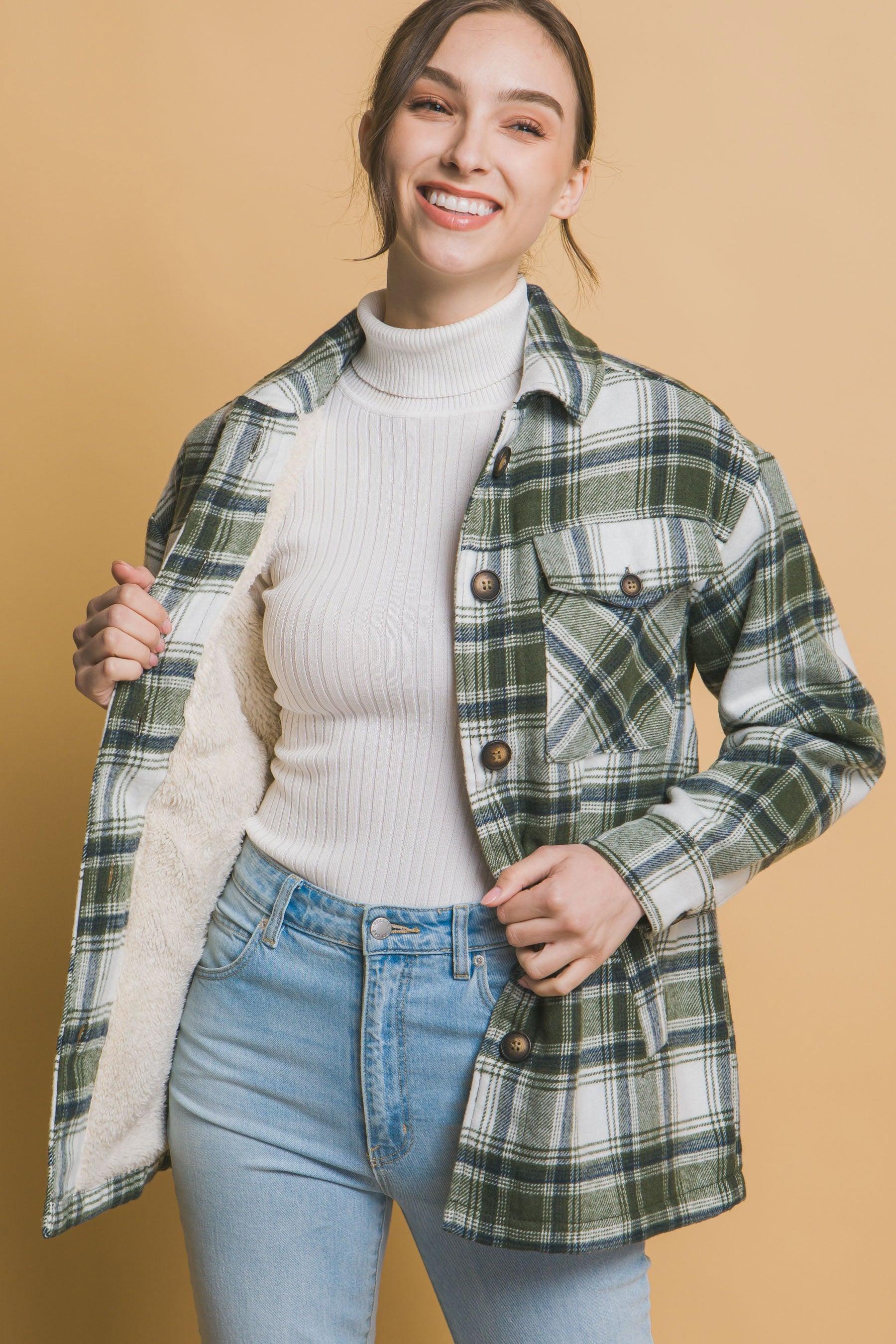 Love Tree Plaid Button Up Jacket with Sherpa Lining