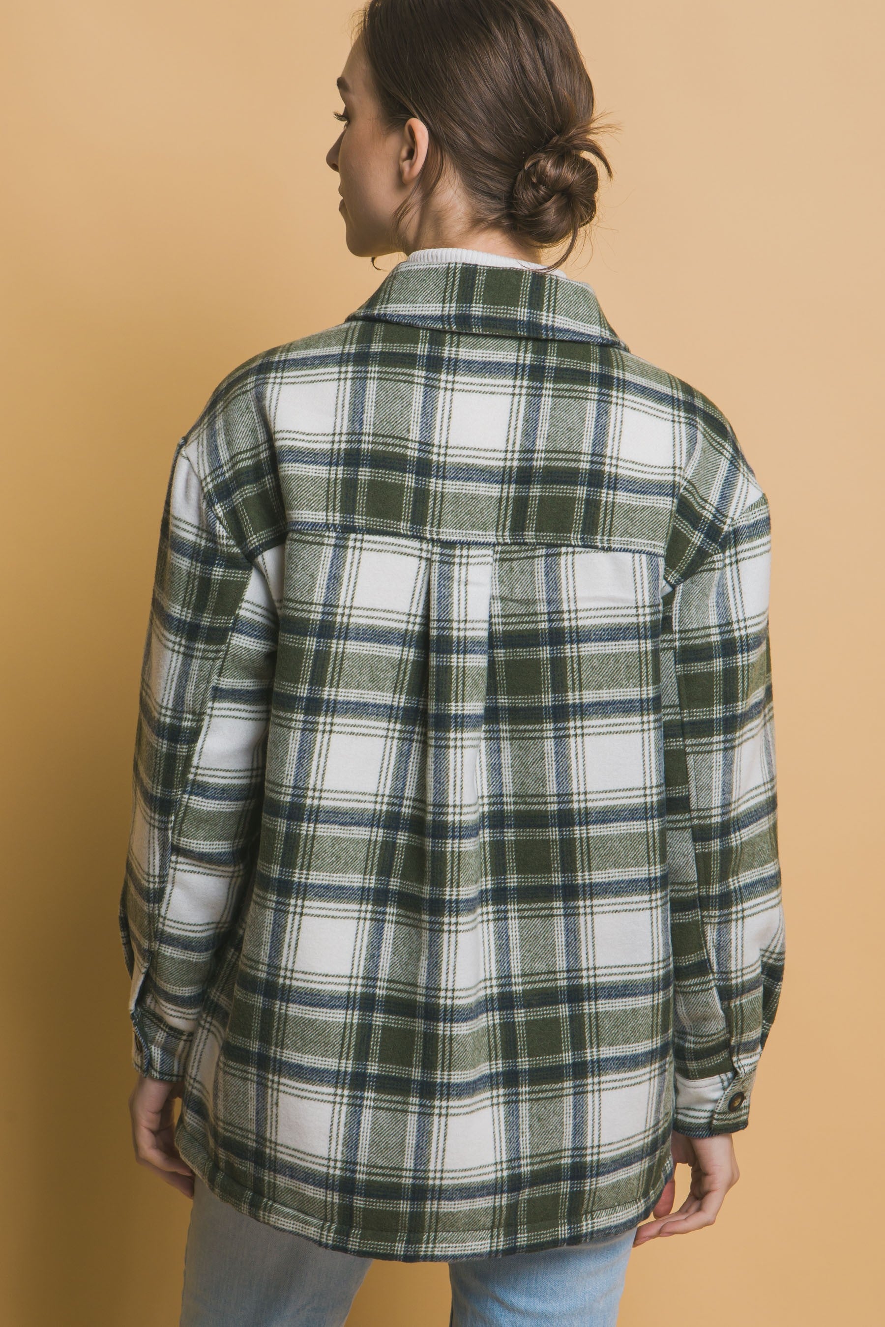 Love Tree Plaid Button Up Jacket with Sherpa Lining