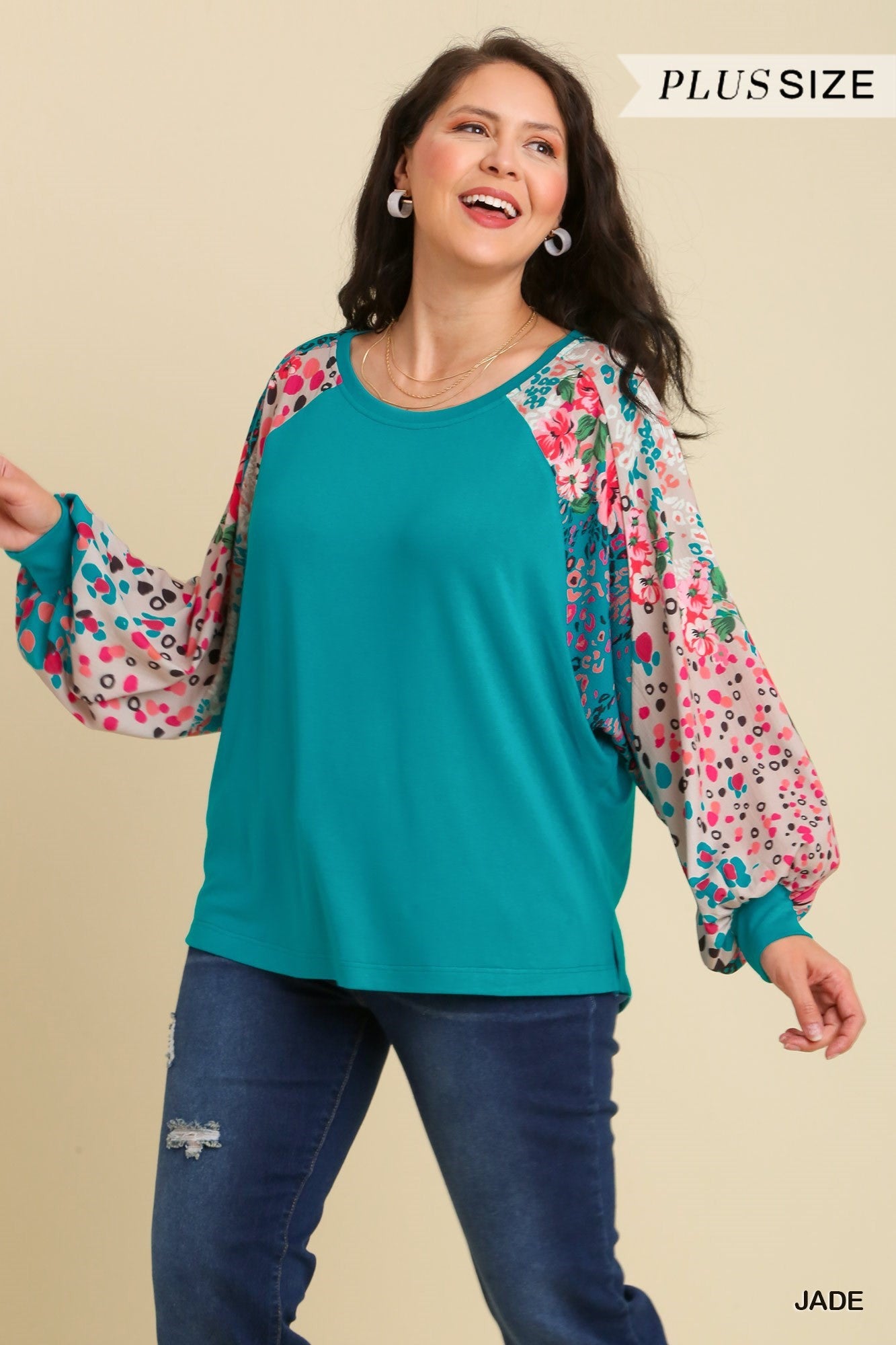 Umgee Mixed Print Long Sleeve Top - Curvy