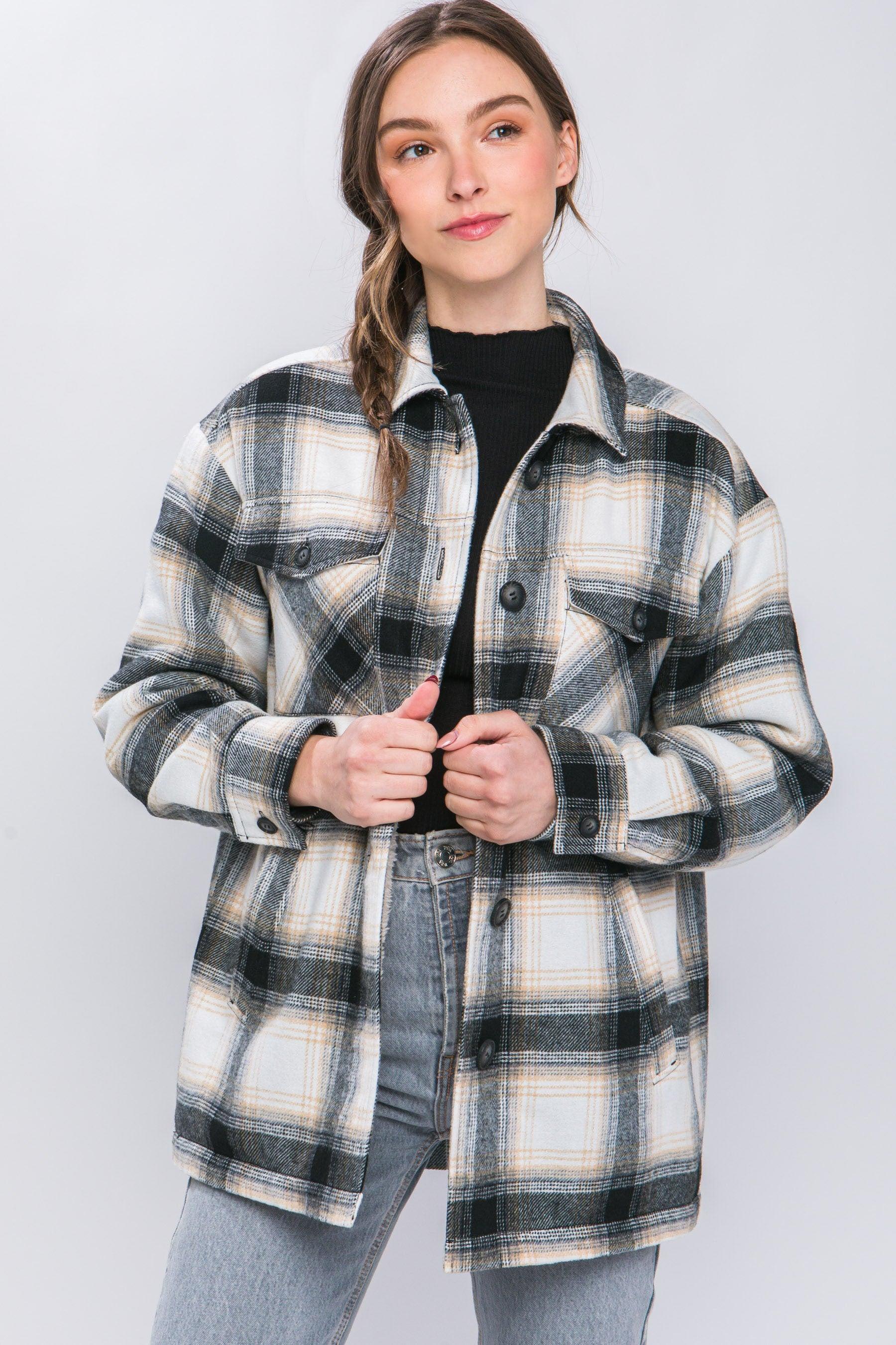 Love Tree Plaid Button Up Jacket with Sherpa Lining