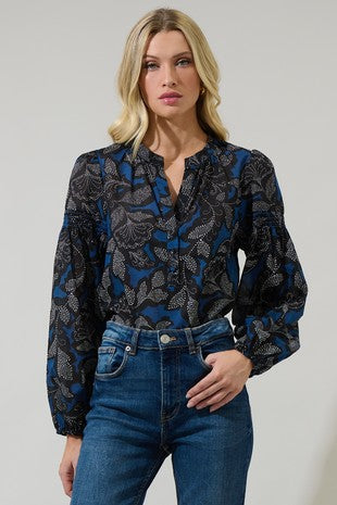 Sugarlips Floral Split Neck Poplin Top