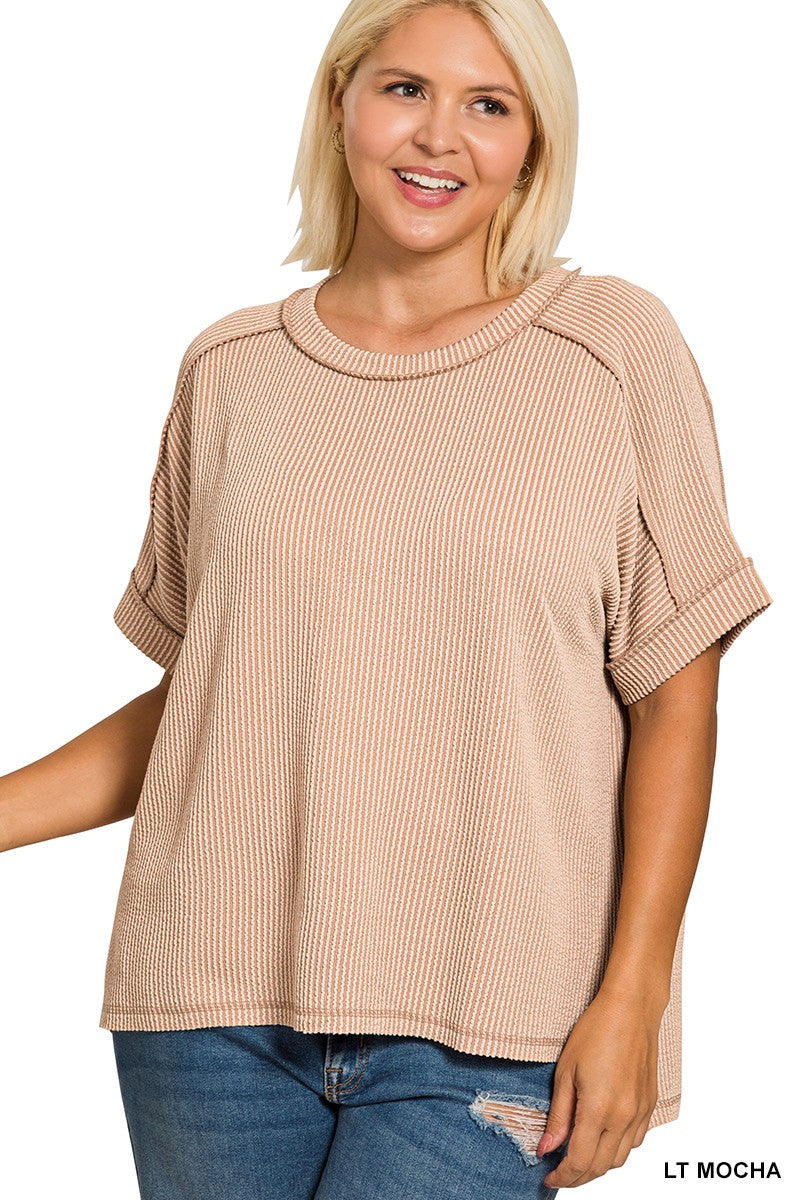 Zenana Ribbed Cuff Sleeve Top - Curvy