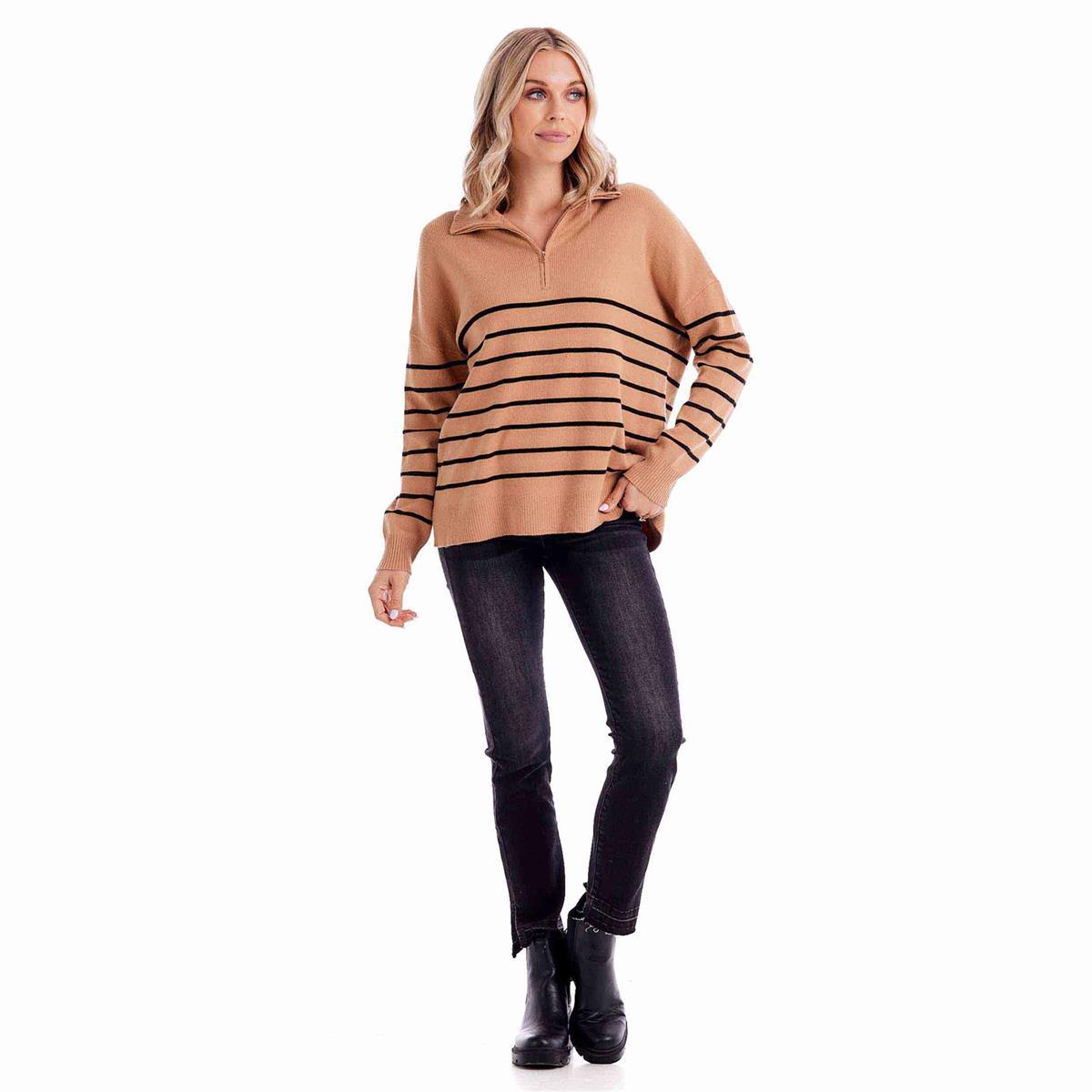Mud Pie Carlisle Stripe Pullover Sweater - Tan/Black