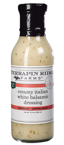Terrapin Ridge Farms creamy Italian white balsamic dressing bottle on a white background