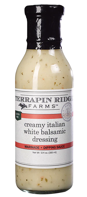 Terrapin Ridge Farms creamy Italian white balsamic dressing bottle on a white background