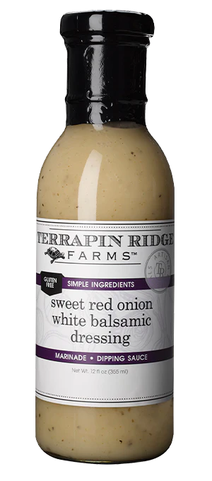Terrapin Ridge Farms sweet red onion white balsamic dressing bottle on a white background