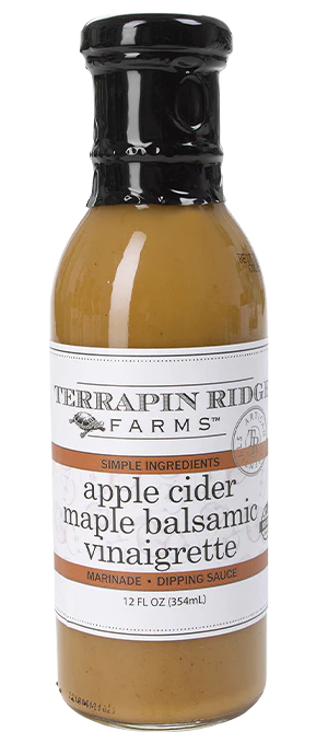 Terrapin Ridge Farms apple cider maple balsamic vinaigrette bottle on a white background