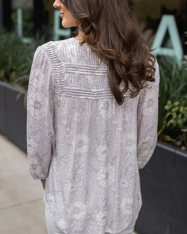 Grace & Lace Floral Pintuck Top - Sketched Floral