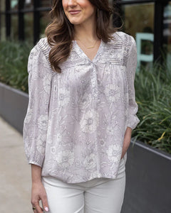 Grace & Lace Floral Pintuck Top - Sketched Floral