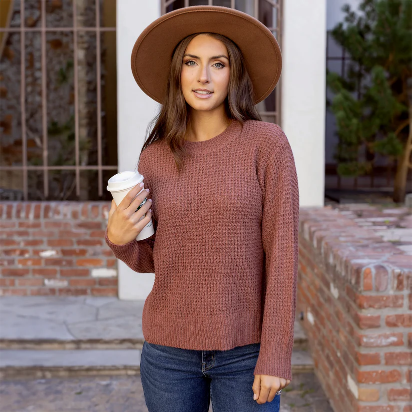 Grace & Lace Heathered Waffle Knit Sweater - Adobe