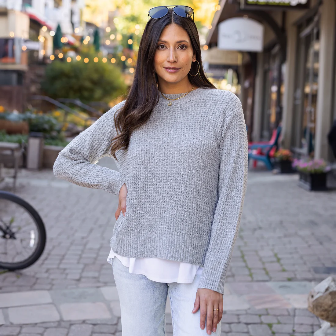 Grace & Lace Heathered Waffle Knit Sweater - Grey