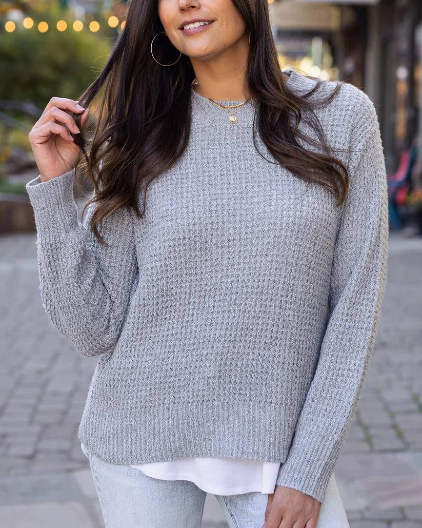 Grace & Lace Heathered Waffle Knit Sweater - Grey