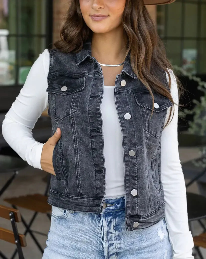 Grace & Lace RePurposed Denim Vest - Washed Black - BeautyOfASite