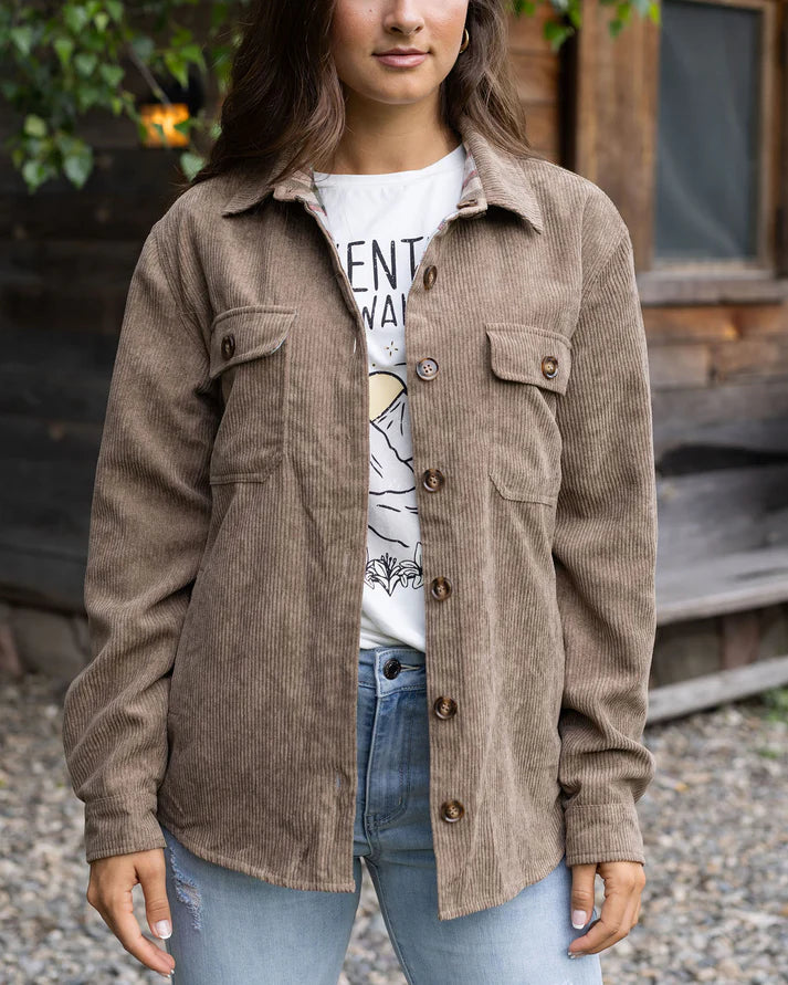 Grace and Lace Corduroy Shacket - Tan/Olive Plaid