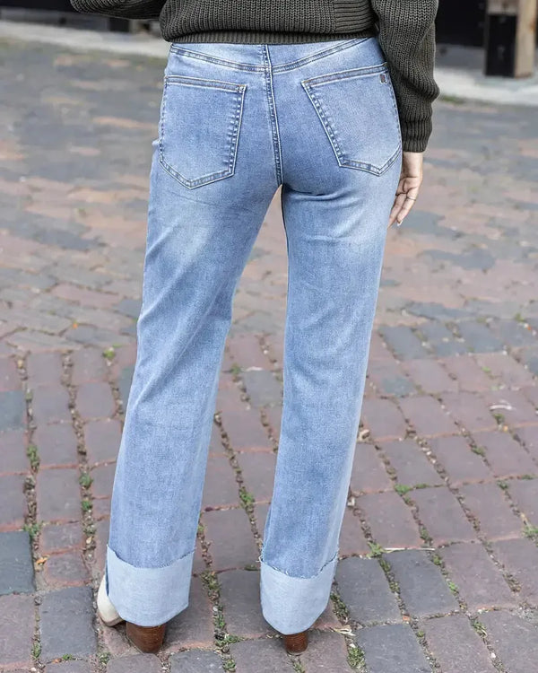 Grace Lace Straight Leg Mid-Wash Cuff Jeans BeautyOfASite