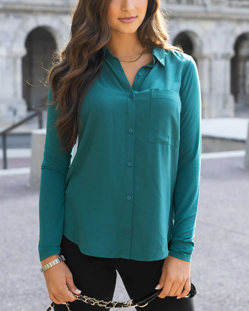Grace & Lace Stretch-Fit Button Up Top - Everglade