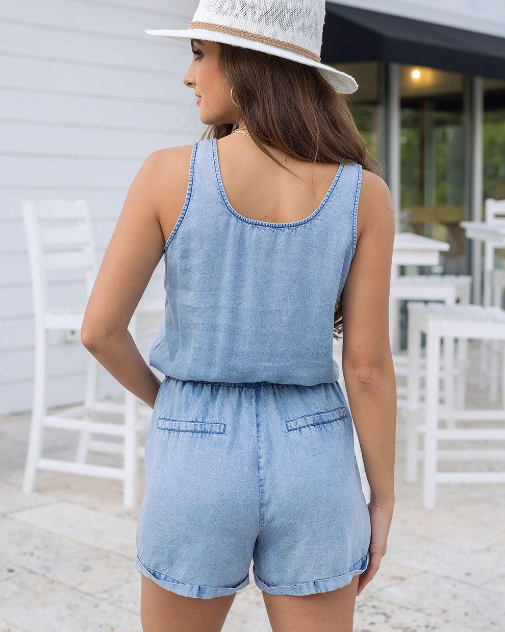 Grace & Lace Tencell Lyocell Chambray Romper - Light Wash
