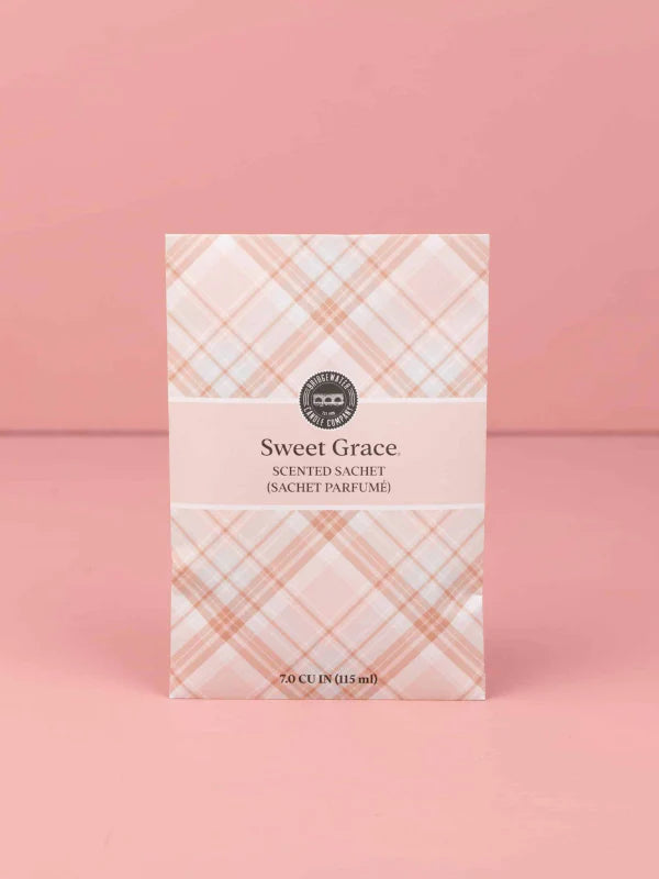 Scented sachet packaging with 'Sweet Grace' text on a pink background