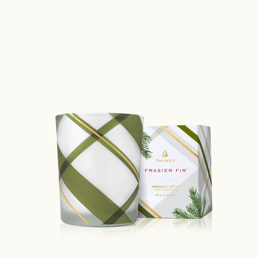 Thymes Frasier Fir Frosted Plaid Votive