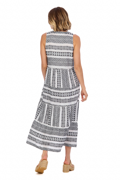 Mud Pie Abito Midi Donna In Cotone Jacquard – Scollo A V E Dettagli Perla – Eleganza Per Ogni Occasione