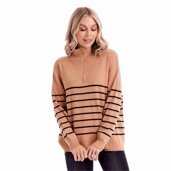 Mud Pie Carlisle Stripe Pullover Sweater - Tan/Black