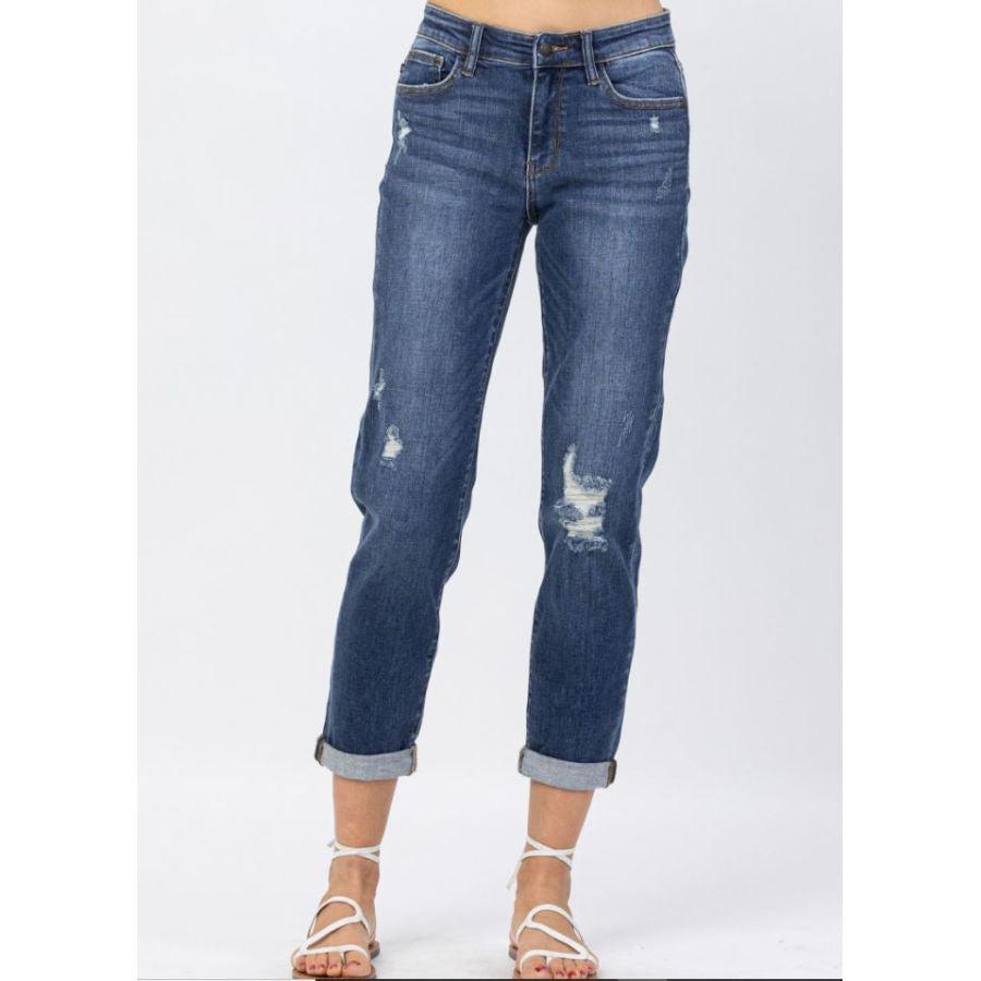 Judy Blue Mid-Rise Slim Fit Distressed Cuff Jean - BeautyOfASite - Central Illinois Gifts, Fashion & Beauty Boutique