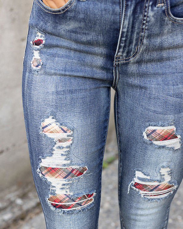 Grace Lace Plaid Patched Denim Vintage Mid Wash